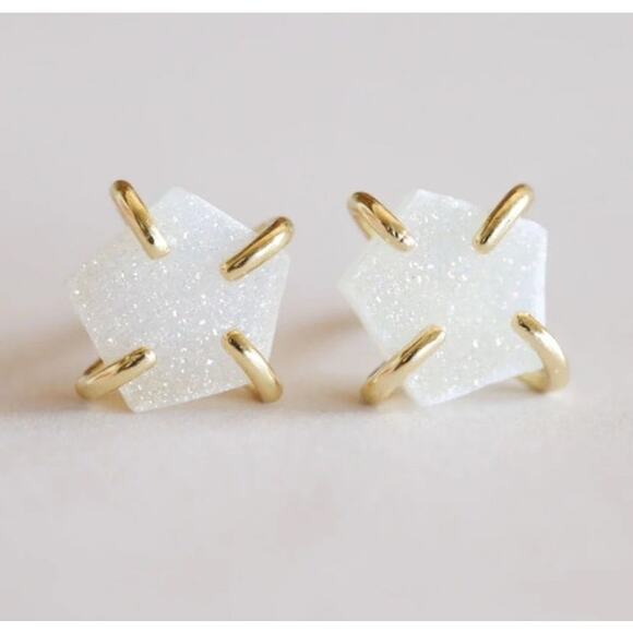 NEW ANTHROPOLOGIE JaxKelly White 18kt Gold Druzy Stone Natural Gemstone Earring - Picture 1 of 8